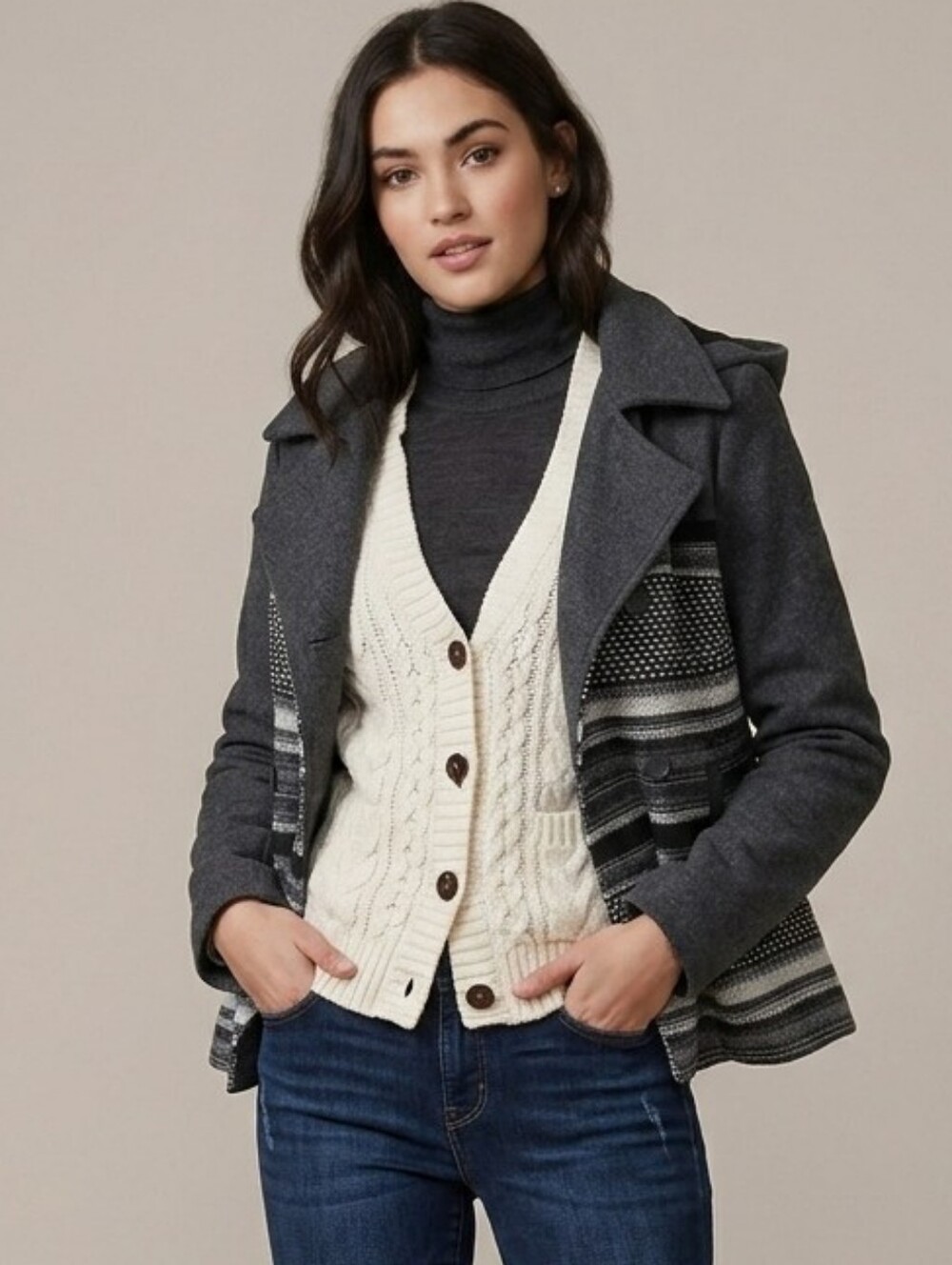 Jack BB Dakota Cropped Hooded Peacoat Black White & Gray